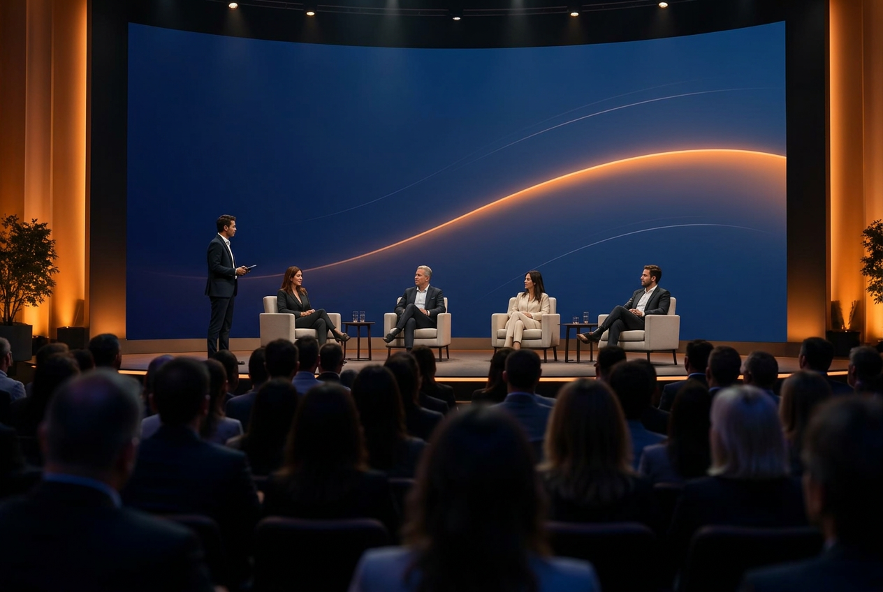Table ronde sur scène lors d'une conférence internationale